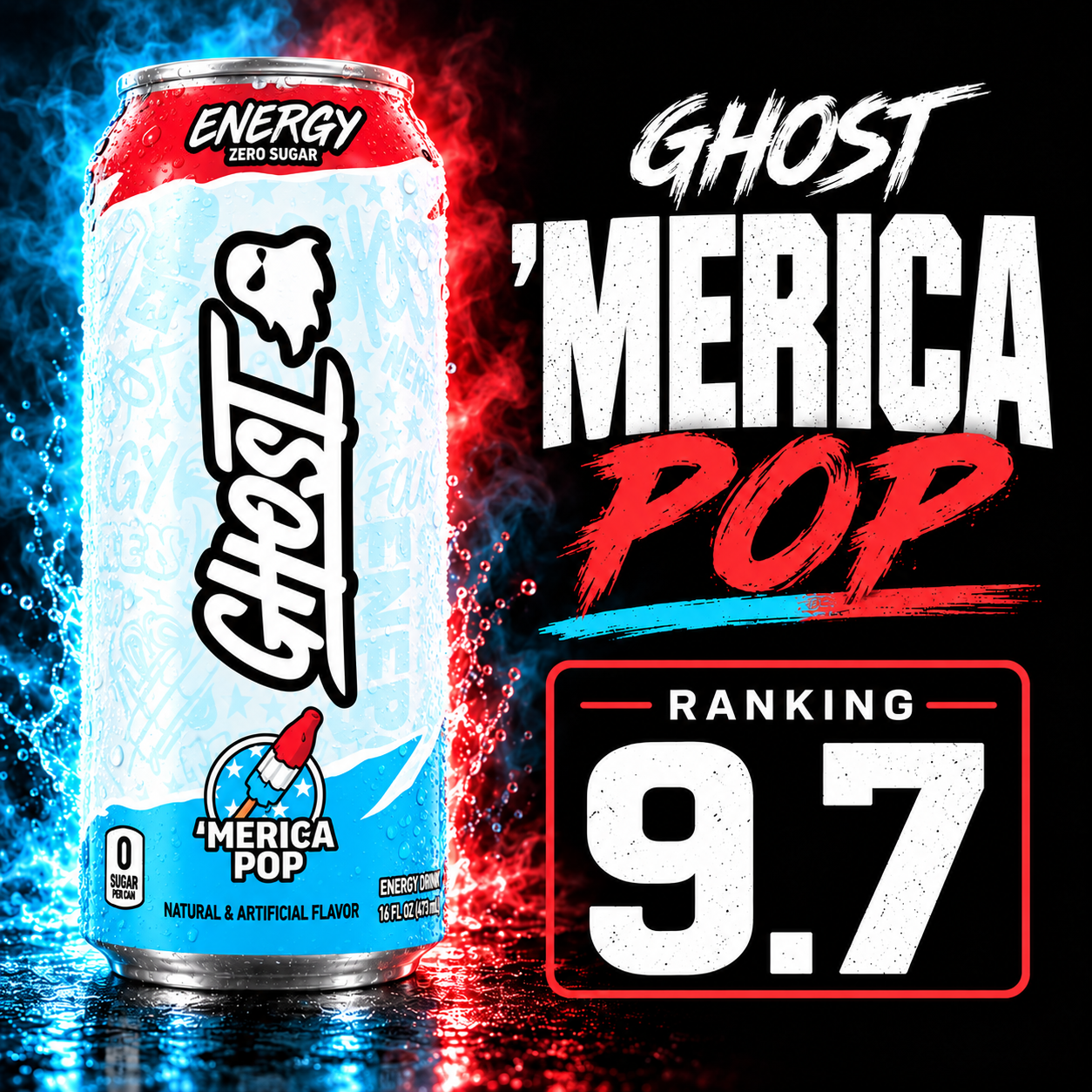 Ghost ’Merica Pop energy drink can with an OnlyCans rating of 9.7 out of 10.