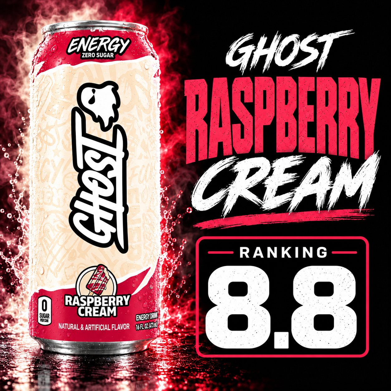 Ghost Raspberry Cream energy drink can with an OnlyCans rating of 8.8 out of 10.