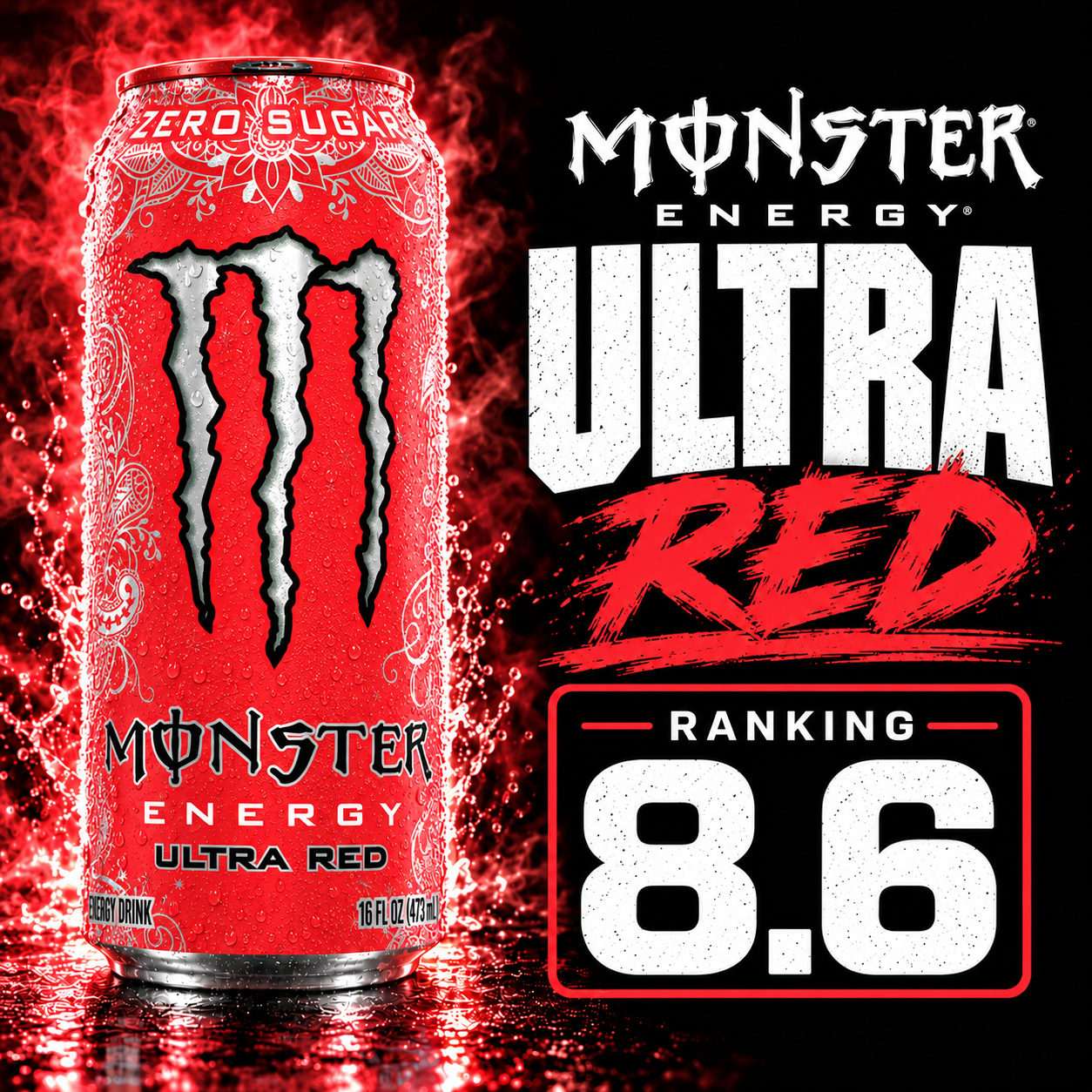 Monster Energy Ultra Red can with an OnlyCans rating of 8.6 out of 10.