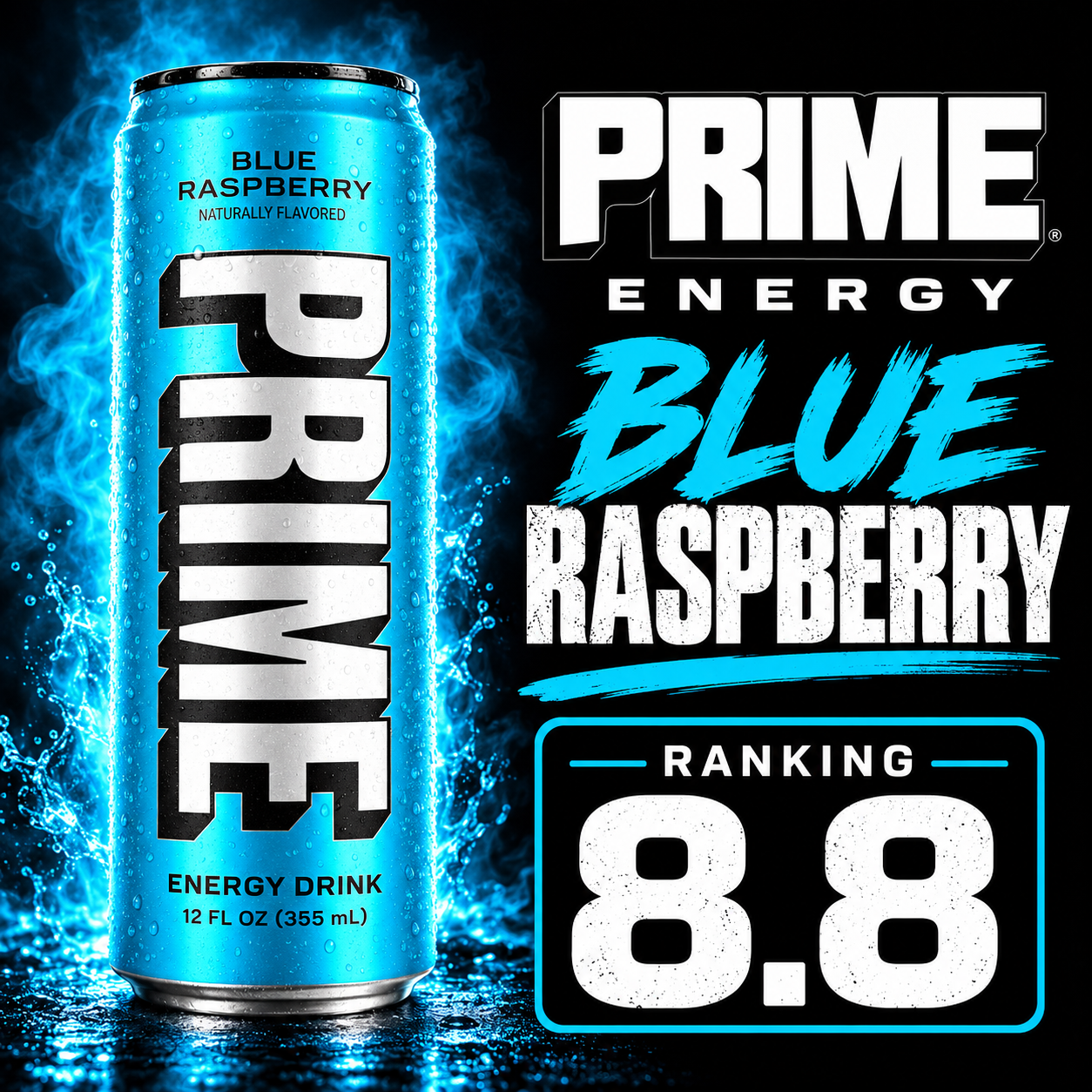 Prime Energy Blue Raspberry can with an OnlyCans rating of 8.8 out of 10.